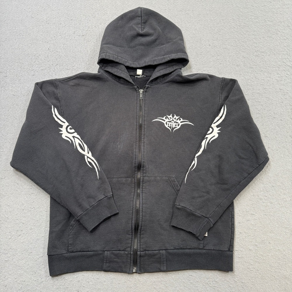 Y2K Tribal Hoodie Men's Small Black Zip Up Fleece Lined Skater Streetwear Reflex